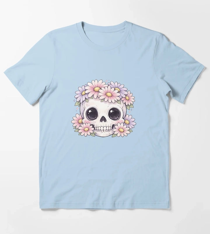 Cute Kawaii Skull Daisy Flower Crown Pastel Gothic Design T-Shirt Sky Blue
