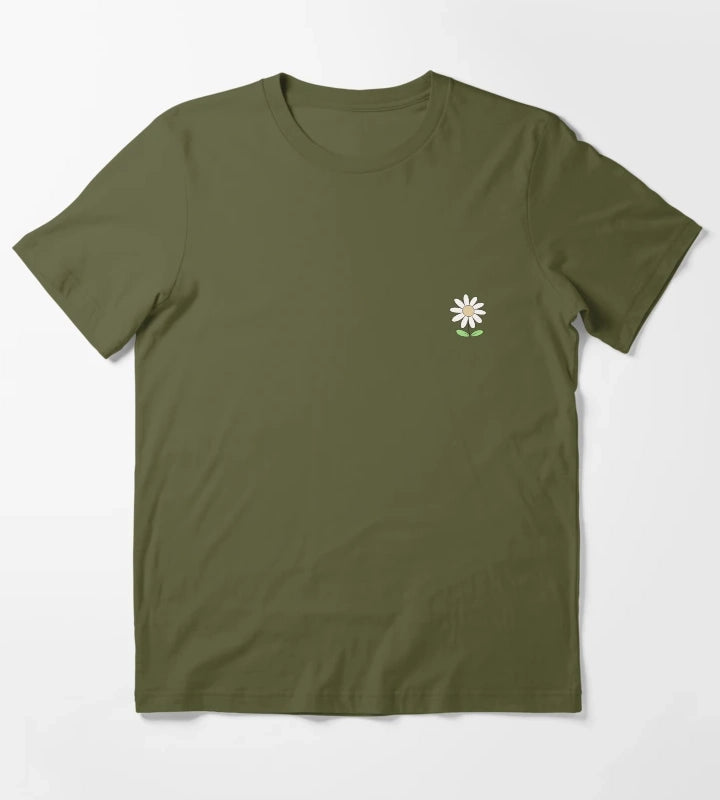 Cute Minimalist Daisy Flower Line Art Drawing T-Shirt Olive Green