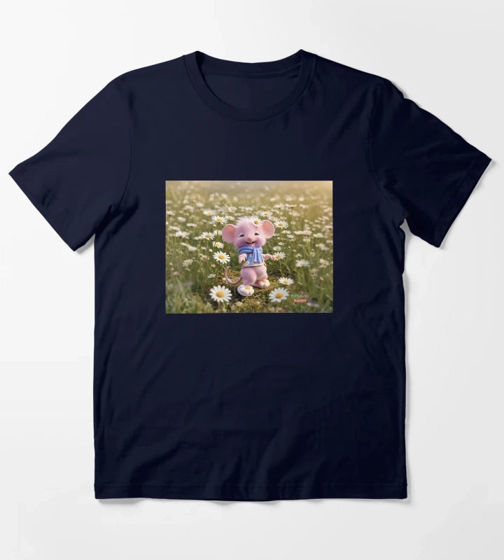 Cute Pink Mouse in Daisy Flower Field T-Shirt Navy