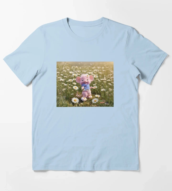 Cute Pink Mouse in Daisy Flower Field T-Shirt Sky Blue