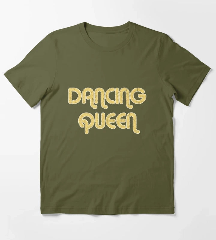 DANCING QUEEN Vintage Large Print 1970s T-Shirt Olive Green