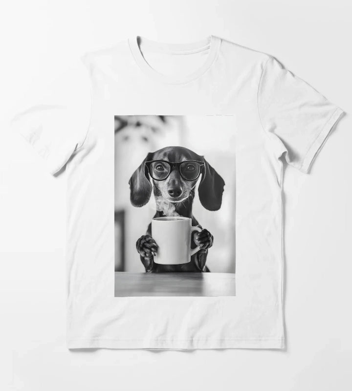 Dachshund Dog Drinking Coffee Wearing Glasses T-Shirt White