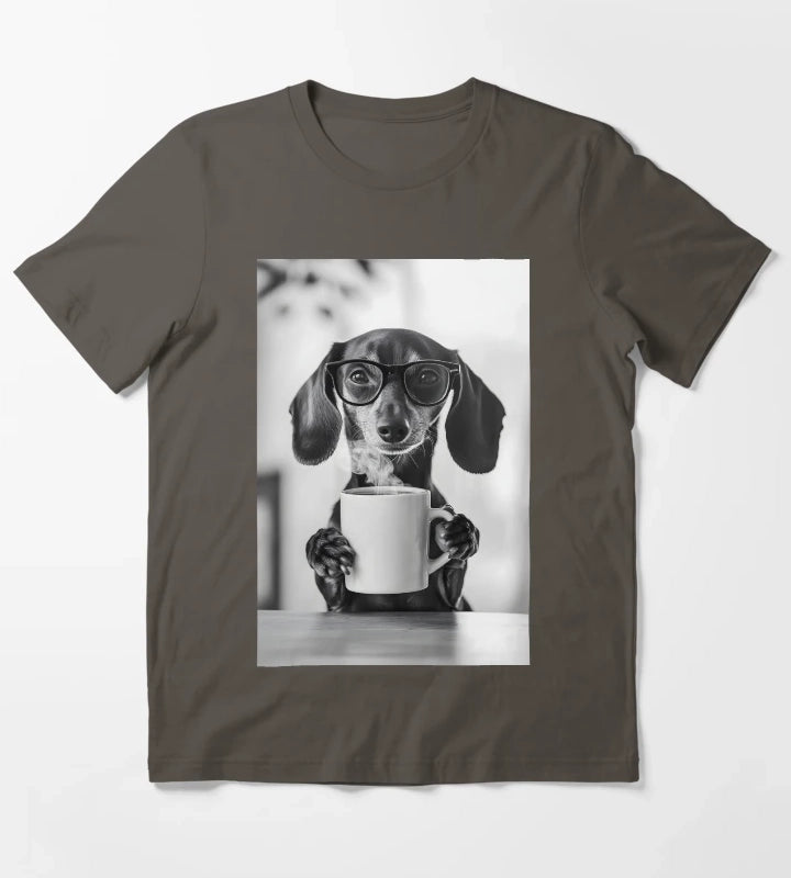 Dachshund Dog Drinking Coffee Wearing Glasses T-Shirt Dark Grey