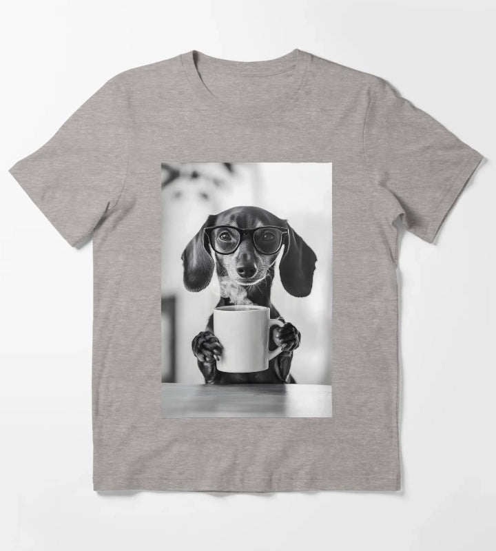 Dachshund Dog Drinking Coffee Wearing Glasses T-Shirt Heather Grey