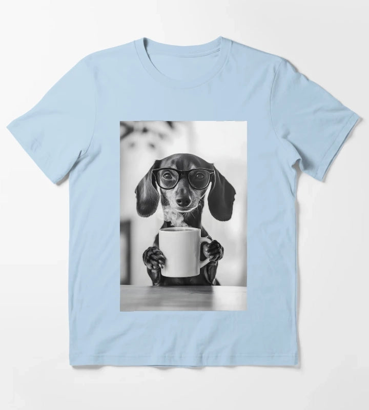 Dachshund Dog Drinking Coffee Wearing Glasses T-Shirt Sky Blue