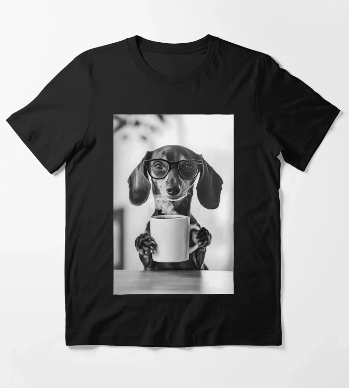 Dachshund Dog Drinking Coffee Wearing Glasses T-Shirt