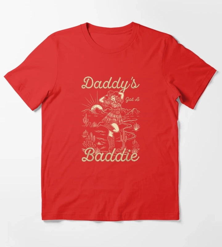 Daddys Got A Baddie Retro Western Cowgirl Desert Landscape Vintage Rope Text T-Shirt Red