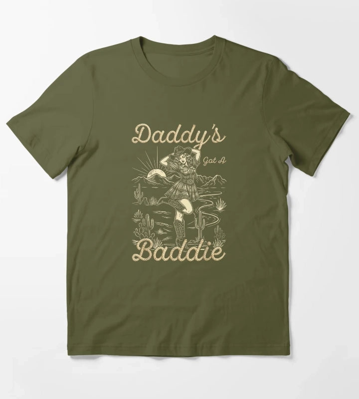 Daddys Got A Baddie Retro Western Cowgirl Desert Landscape Vintage Rope Text T-Shirt Olive Green