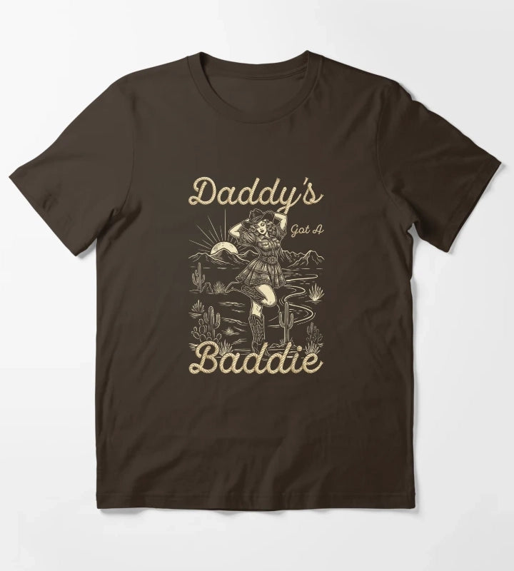 Daddys Got A Baddie Retro Western Cowgirl Desert Landscape Vintage Rope Text T-Shirt Brown