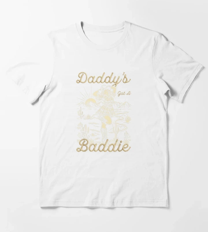 Daddys Got A Baddie Retro Western Cowgirl Desert Landscape Vintage Rope Text T-Shirt White