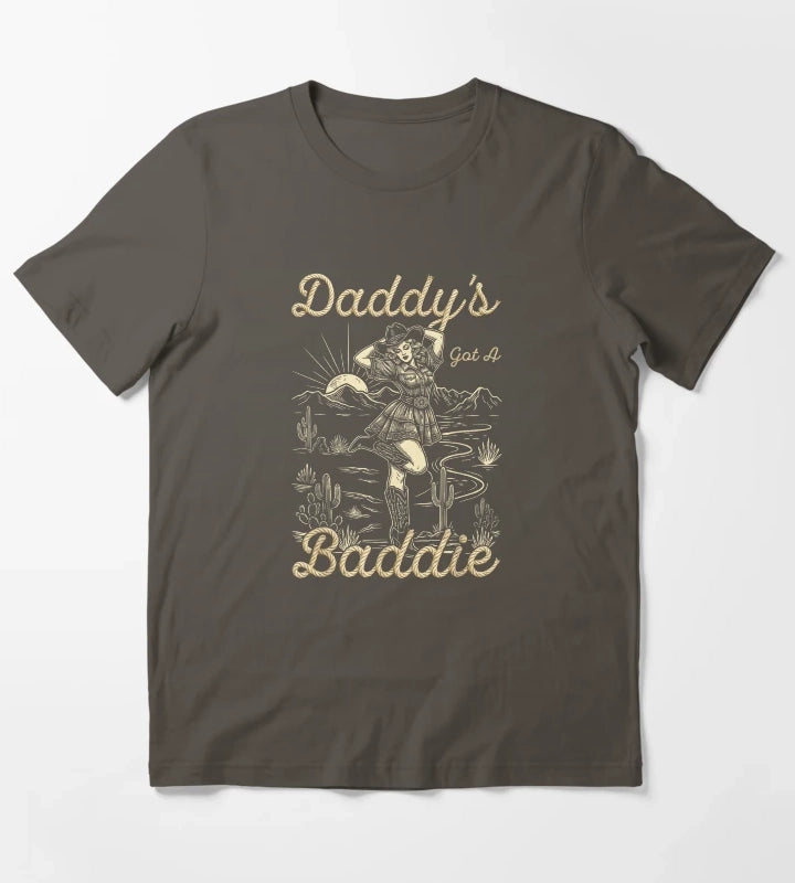 Daddys Got A Baddie Retro Western Cowgirl Desert Landscape Vintage Rope Text T-Shirt Dark Grey