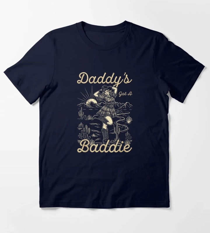 Daddys Got A Baddie Retro Western Cowgirl Desert Landscape Vintage Rope Text T-Shirt Navy