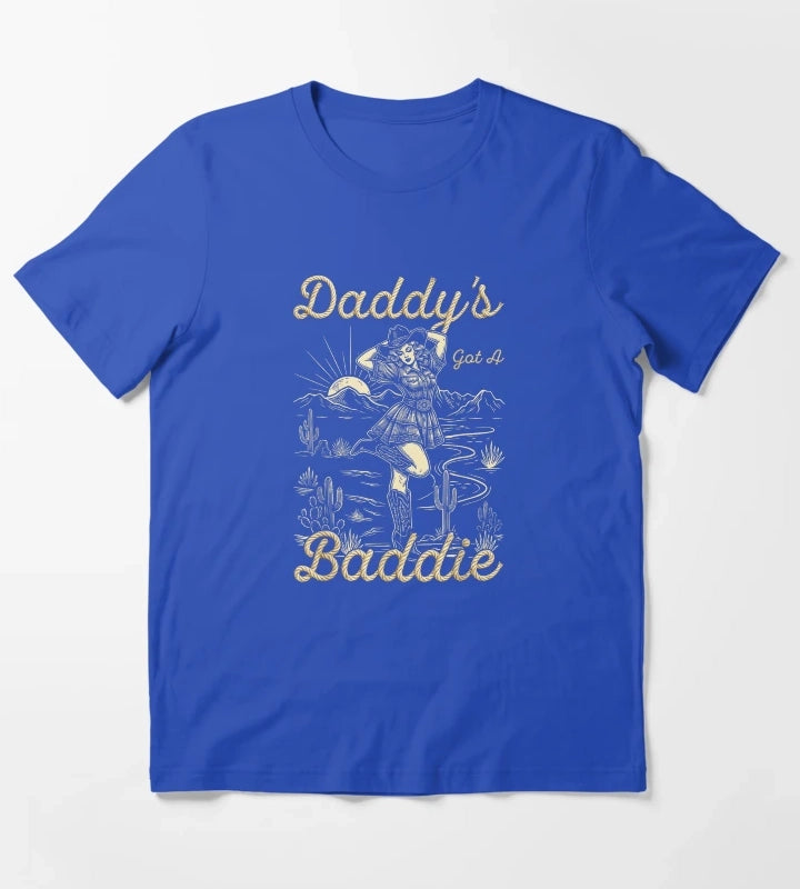 Daddys Got A Baddie Retro Western Cowgirl Desert Landscape Vintage Rope Text T-Shirt Blue