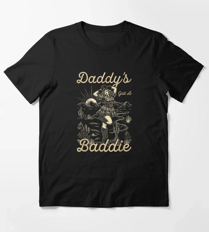 Daddys Got A Baddie Retro Western Cowgirl Desert Landscape Vintage Rope Text T-Shirt