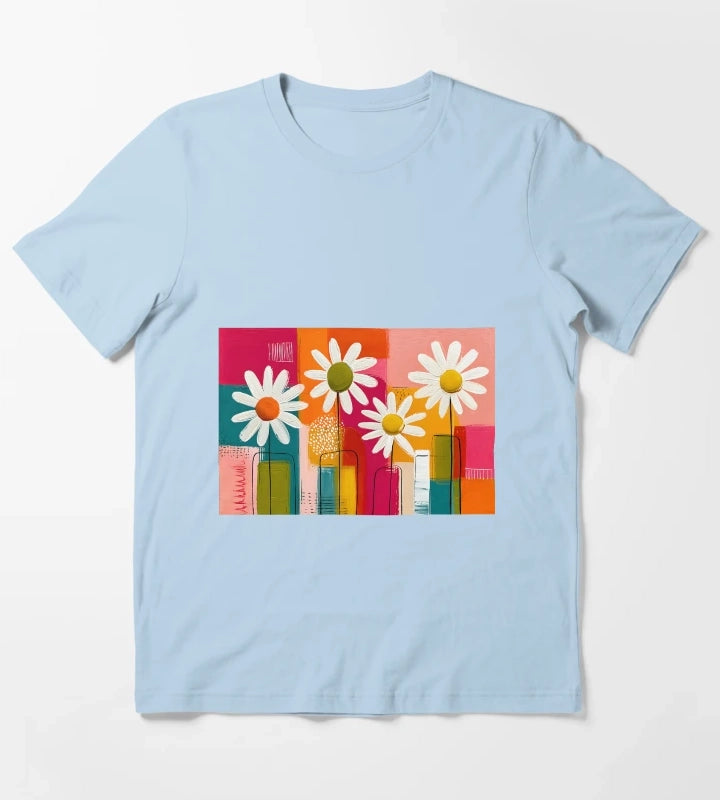 Daisies in Geometric Bloom Cheerful Floral Beauty in Bold Contemporary Color T-Shirt Sky Blue