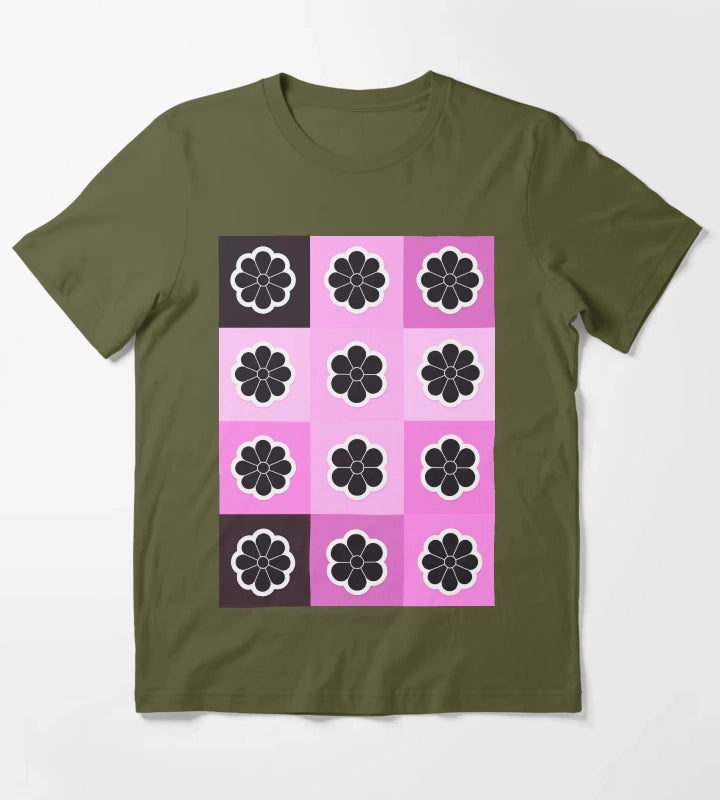 Daisies on pink T-Shirt Olive Green