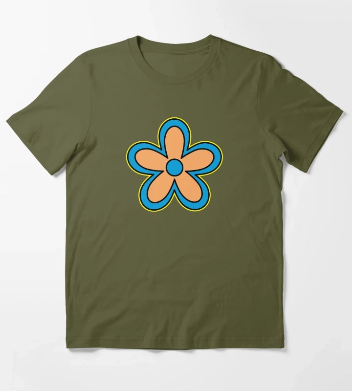 Daisy Age Cartoon Flower T-Shirt Olive Green