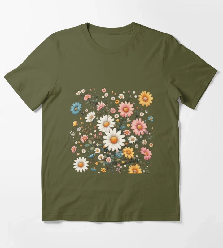 Daisy Delight Beautiful Floral Daisy Pattern Design T-Shirt Olive Green
