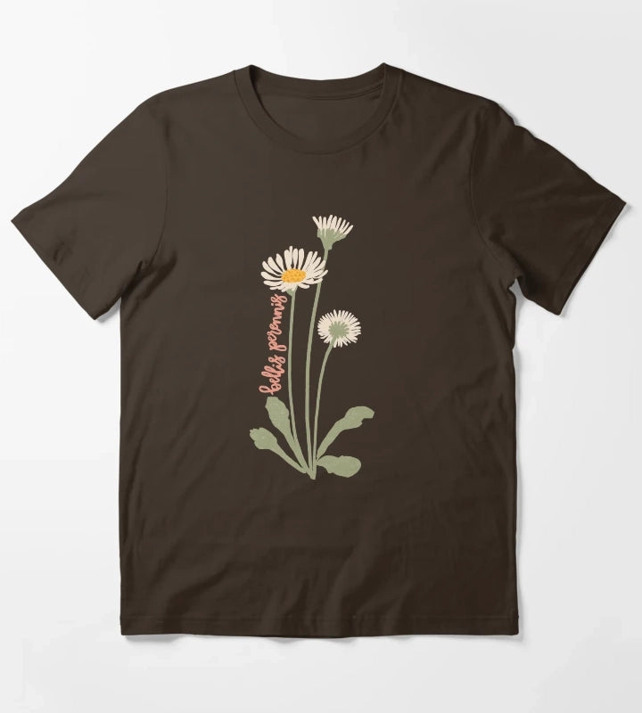 Daisy Flower Illustration With Latin Name Bellis Perennis T-Shirt Brown