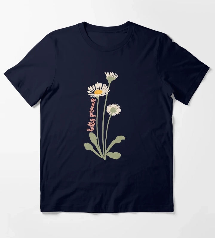 Daisy Flower Illustration With Latin Name Bellis Perennis T-Shirt Navy