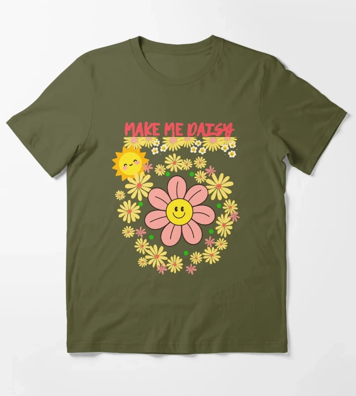Daisy Flower Power Fun Sunshine Smiles T-Shirt Olive Green