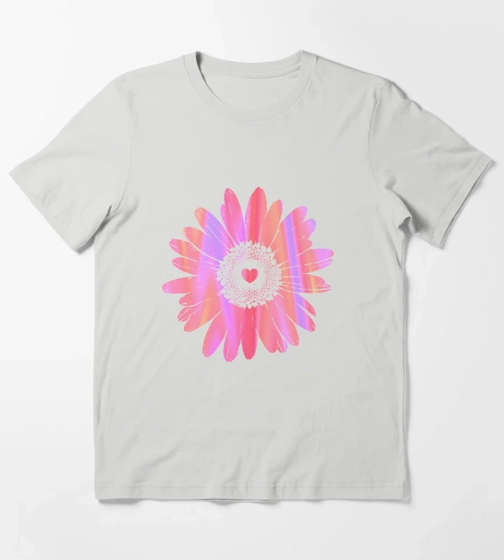 Daisy Heart Graphic Design T-Shirt Light Grey
