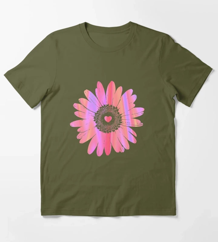 Daisy Heart Graphic Design T-Shirt Olive Green