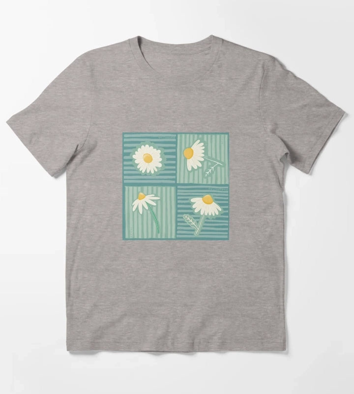 Daisy Patchwork in Greens T-Shirt Heather Grey