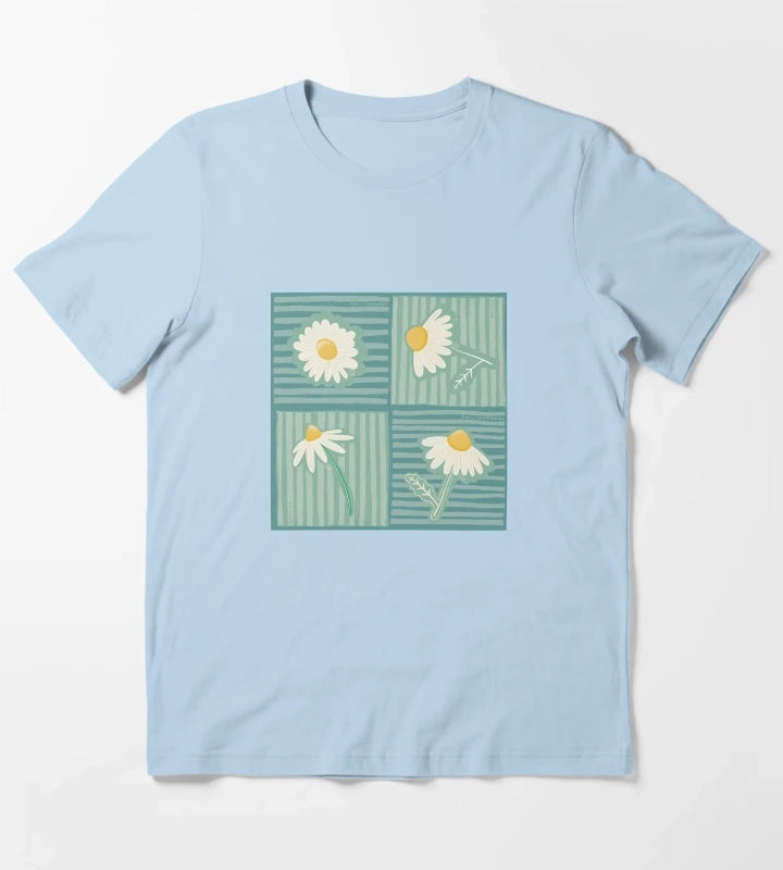 Daisy Patchwork in Greens T-Shirt Sky Blue