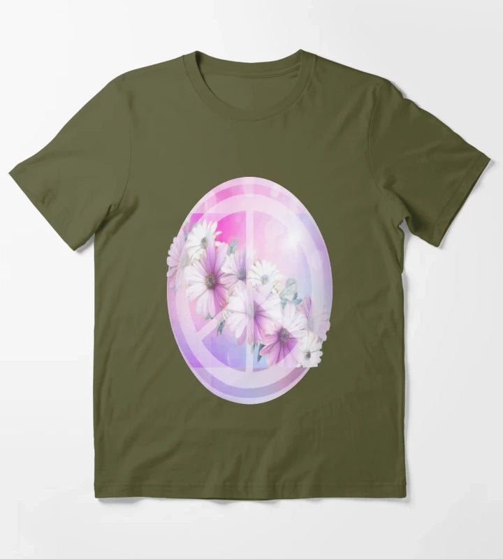 Daisy Peace Sign Flower Lover T-Shirt Olive Green