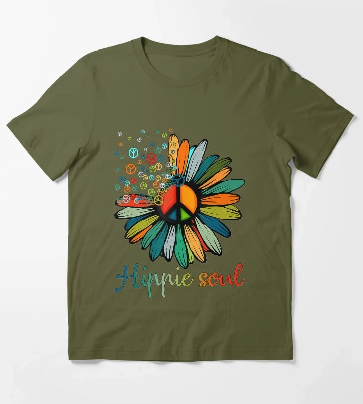 Daisy Peace Sign Hippie Soul Tshirt Flower Lovers Gifts T-Shirt Olive Green