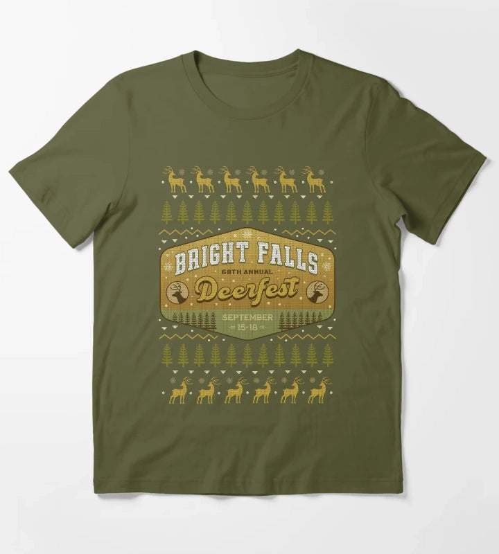 Deerfest Bright Falls Ugly Sweater T-Shirt Olive Green