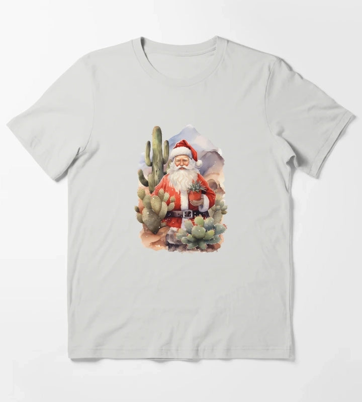 Desert Christmas Cactus Cowboy Santa Hat T-Shirt Light Grey