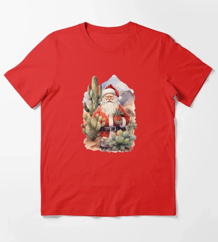 Desert Christmas Cactus Cowboy Santa Hat T-Shirt Red