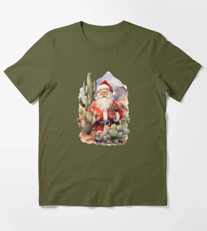 Desert Christmas Cactus Cowboy Santa Hat T-Shirt Olive Green