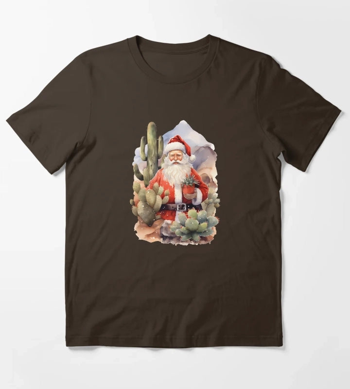 Desert Christmas Cactus Cowboy Santa Hat T-Shirt Brown