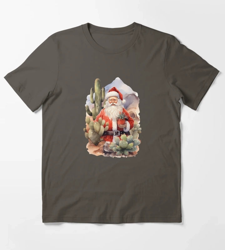 Desert Christmas Cactus Cowboy Santa Hat T-Shirt Dark Grey