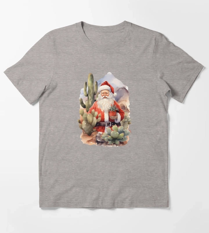 Desert Christmas Cactus Cowboy Santa Hat T-Shirt Heather Grey