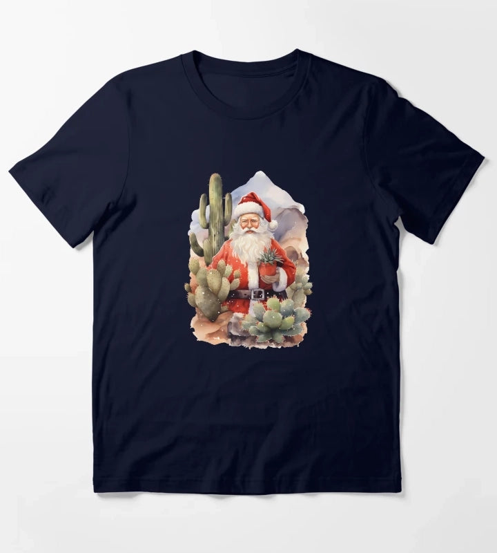Desert Christmas Cactus Cowboy Santa Hat T-Shirt Navy