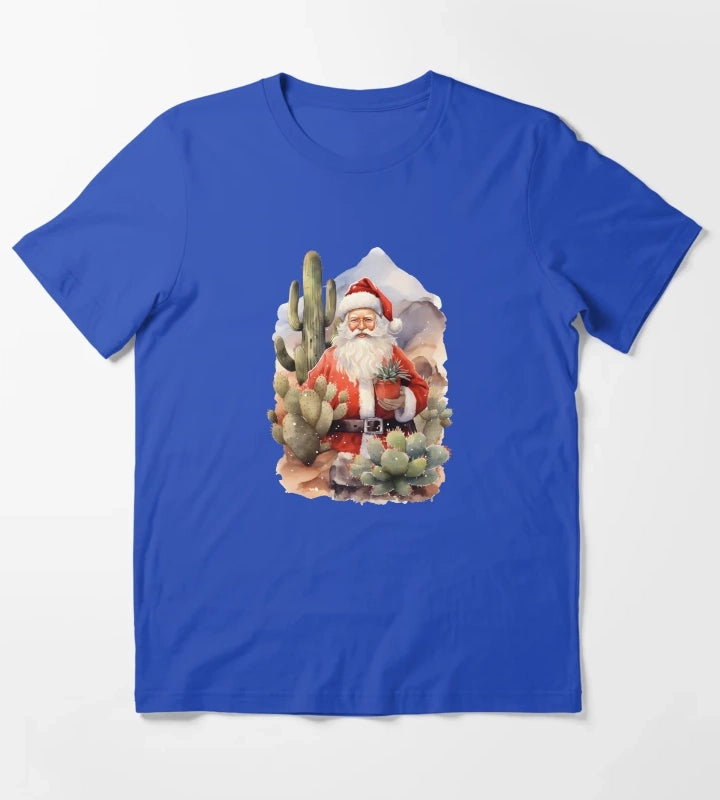 Desert Christmas Cactus Cowboy Santa Hat T-Shirt Blue