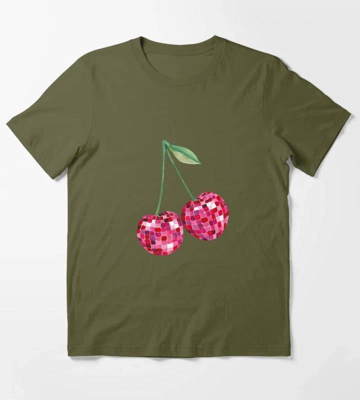 Disco Ball Cherries T-Shirt Olive Green