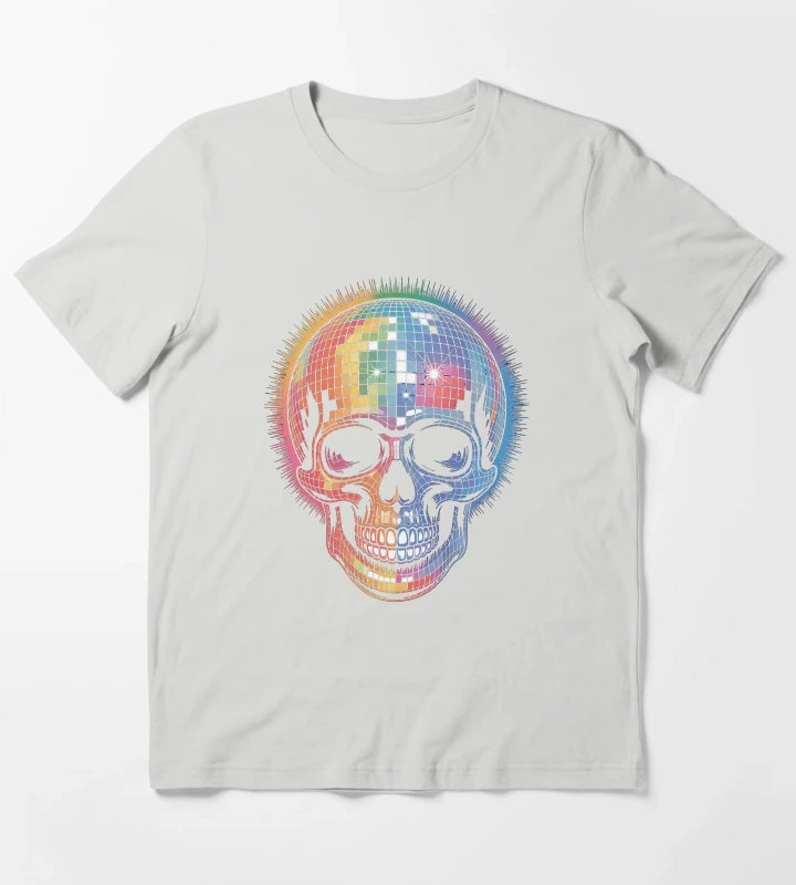 Disco Ball Skull Retro Rainbow Party Rave T-Shirt Light Grey