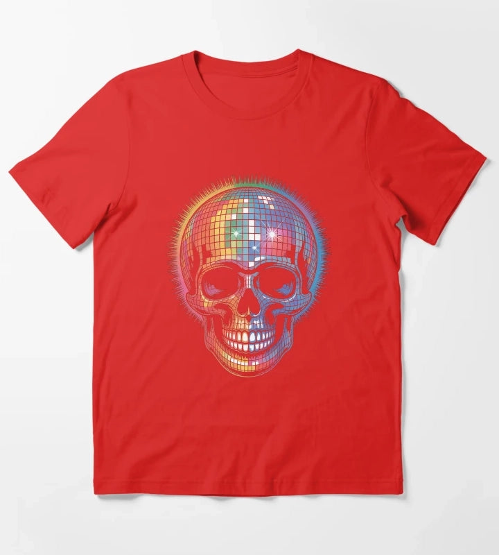 Disco Ball Skull Retro Rainbow Party Rave T-Shirt Red