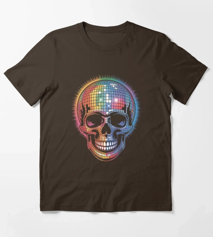Disco Ball Skull Retro Rainbow Party Rave T-Shirt Brown