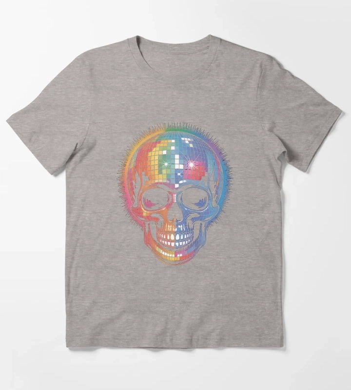 Disco Ball Skull Retro Rainbow Party Rave T-Shirt Heather Grey