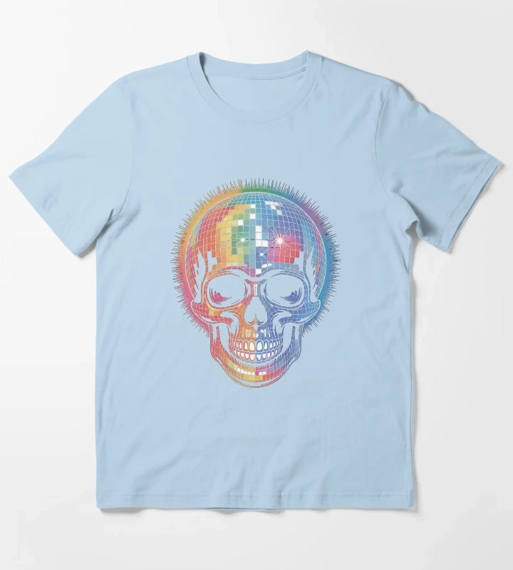 Disco Ball Skull Retro Rainbow Party Rave T-Shirt Sky Blue