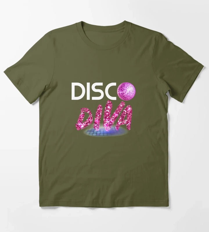Disco Diva Tee Retro 70s product Vintage 80s print T-Shirt Olive Green