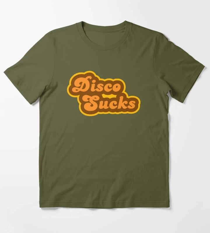 Disco Sucks Retro 70s Logo T-Shirt Olive Green