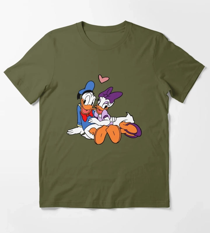 Donald and Daisy Cute Duck Couple T-Shirt Olive Green