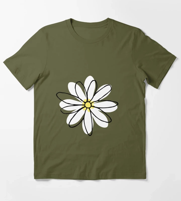 Doodle Daisy Flower T-Shirt Olive Green